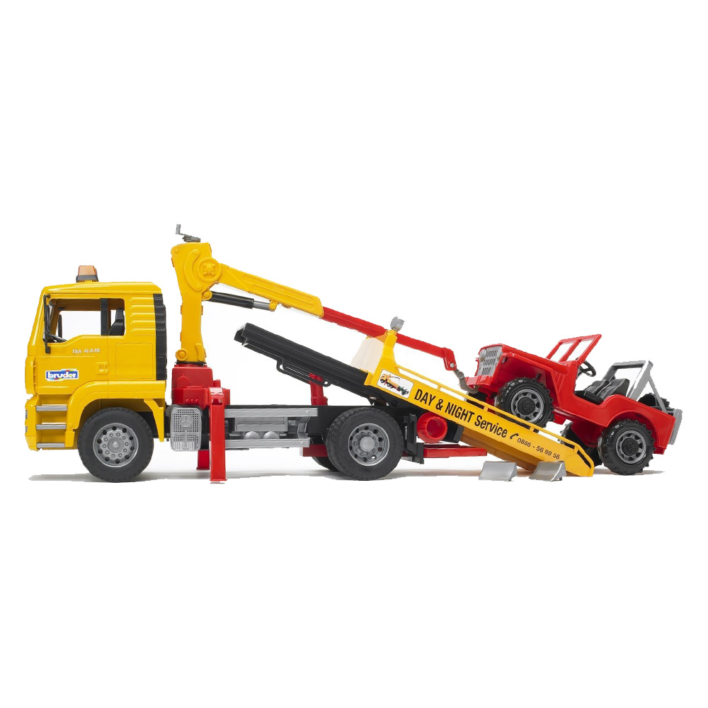 Bruder Toys MAN TGA Flatbed Tow Truck w/ Crane Cross Country Vehicle