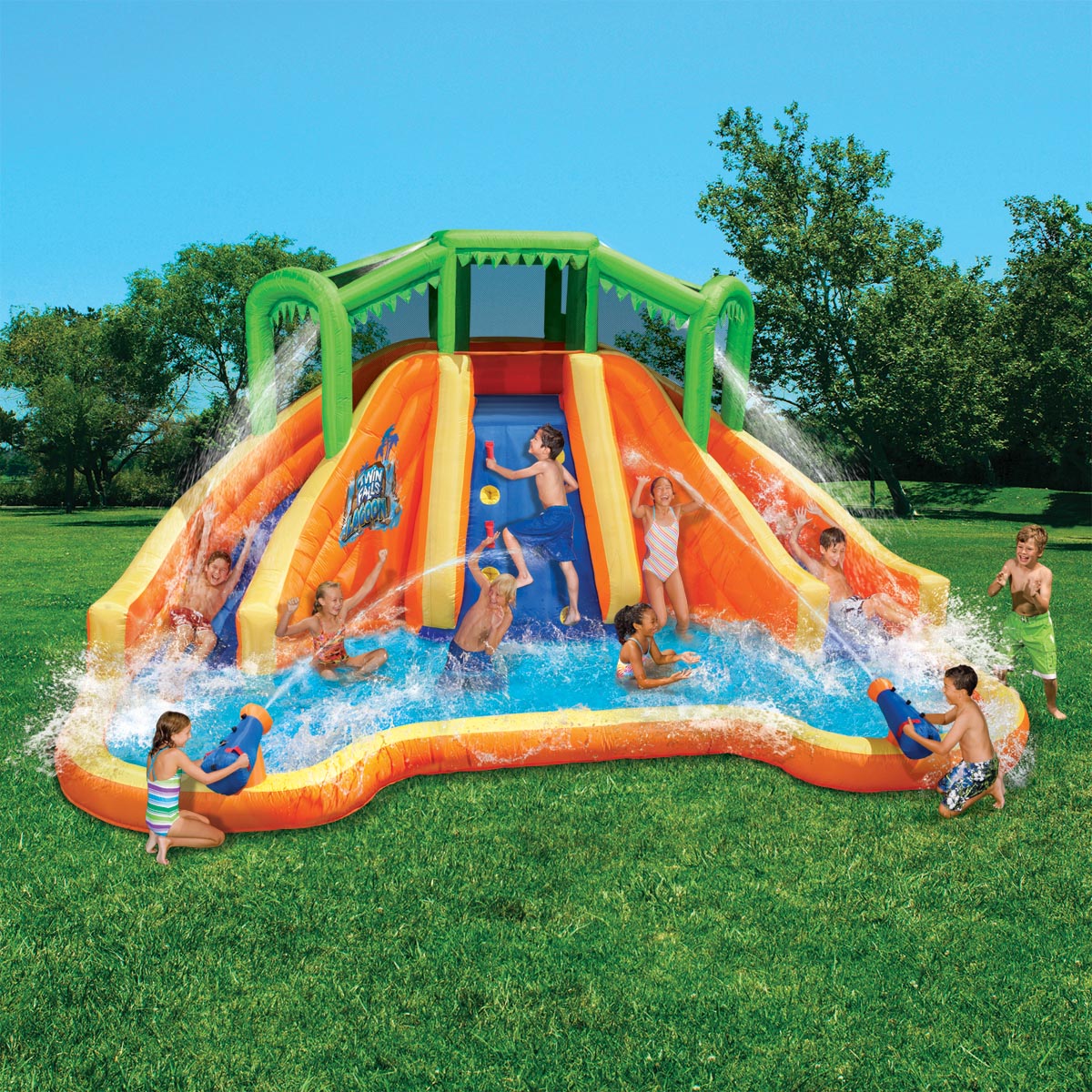 magic time adventure falls inflatable water park with 2 slides and basketball hoop