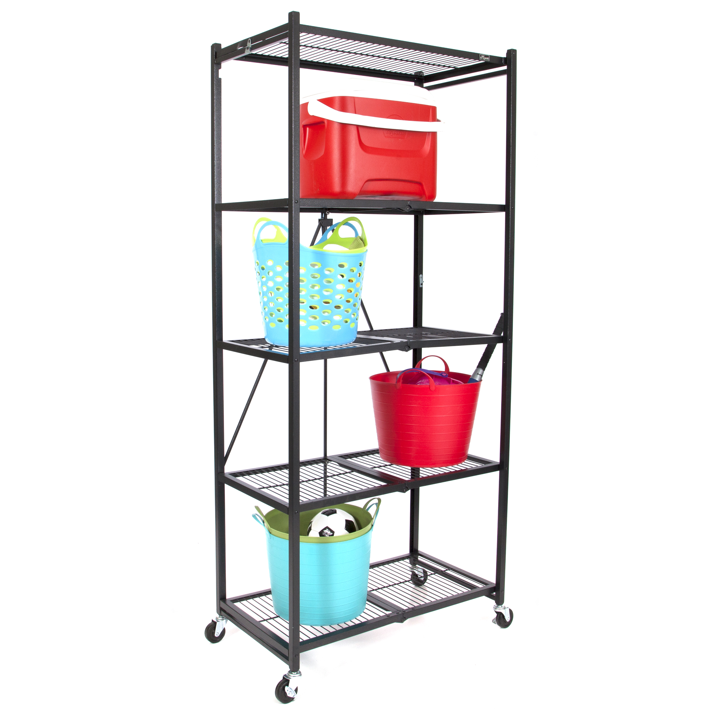 Origami Large Wheeled 5Shelf Folding Steel Wire Shelving, Black (21